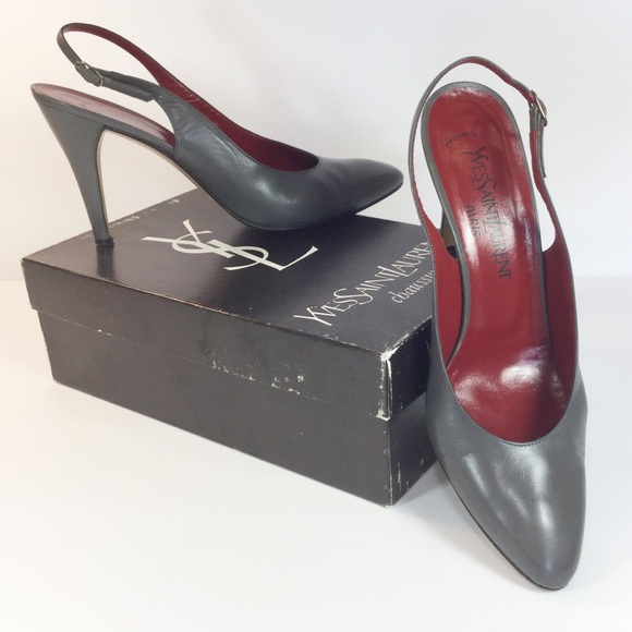 Vintage Saint Laurent YSL 1980’s Grey Leather Slingback Shoes - Picture 1 of 9